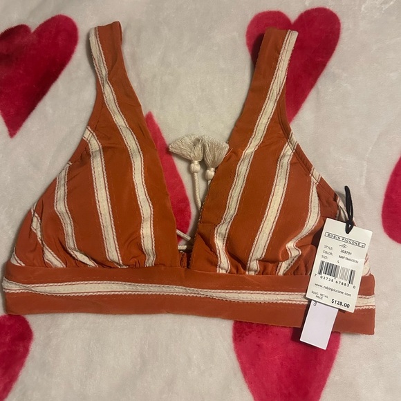 NWT ROBIN PICCONE Abi Bikini Top Striped Tie Back in Burnt Oranges/Ecru - Picture 1 of 11